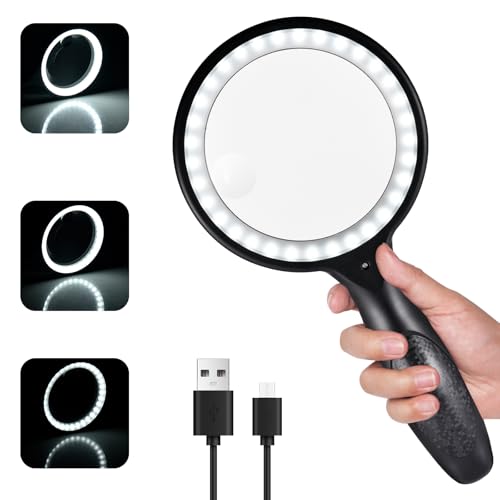 Lupe mit Licht, Afaneep 30x 60x Leselupe für Senioren Groß, 3 Modi Leselupe USB Handlupe 33 LED Vergrößerungsglas Leselupen mit Licht für Kind, Briefmarken, Münzen, Uhrmacher Inspektion(Schwarz)