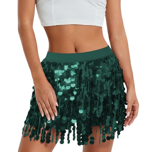 Tütü Damen Glitzer Rock Paillettenbesetzter Minirock mit Fransen Buchstabenmuster für Bühnenauftritte Clubpartys – figurbetontes Outfit Green One Size