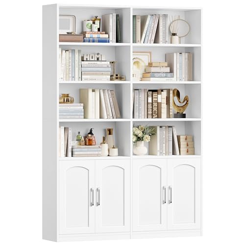 FirFurd Bücherregal weiß Bücherschrank mit Türen Regal 12 Fächern Vitrinenschrank Standregal Hochschrank für Wohnzimmer Büro Küche 115 x 27 x 185,5 cm