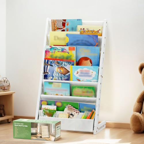 COSYLAND Bücherregal Kinder mit 6 Oxford-Stoff Fächern - Kinderbücherregal aus Naturholz - Bücherregal Kinderzimmer mit abgerundeten Ecken & platzsparend 42L x 30B x 76H cm（Weiß