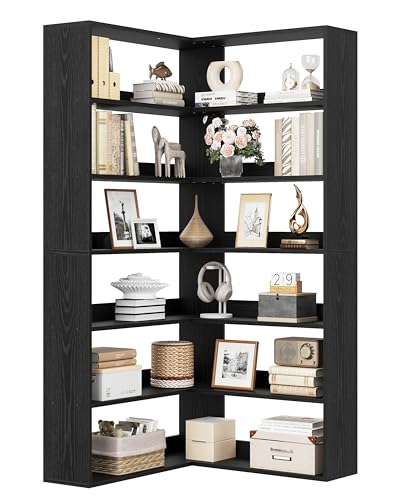 IRONCK Bücherregal 6 Ebenen Eckregal 180cm Hoch Standregal Holz L-förmiges offenes Regal, Aufbewahrungsregal für Arbeitszimmer, Büro, Wohnzimmer, Schlafzimmer (Schwarz)
