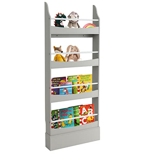 COSTWAY Bücherregal für Kinder, Kinderregal mit 4 Ablagen, Wandregal mit Kippschutz für Spielzeug & Bücher, schmales Bücher-Organizer für Kinderzimmer, Wohnzimmer, Grau, 60 x 14 x 147 cm