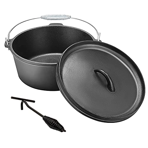 Vorgewürzter Dutch Oven aus Gusseisen, tiefer Topf mit Deckelhebergriff ohne Füße zum Kochen, Camping, Zuhause, Grillen