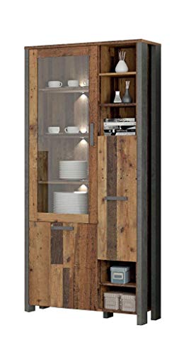 FORTE Clif Vitrine mit 1 Tür unf 1 Glastür, Holzwerkstoff, Old – Wood Vintage/ Betonoptik Dunkelgrau, 91,7 x 204,9 x 41,6 cm