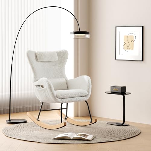 okwish Schaukelstuhl, Gepolsterter Schwingsessel mit hoher Rückenlehne, Kopfstütze und Lendenkissen, Schaukelsessel fürs Wohnzimmer/Schlafzimmer/Balkon, Lammfellstoff Weiß