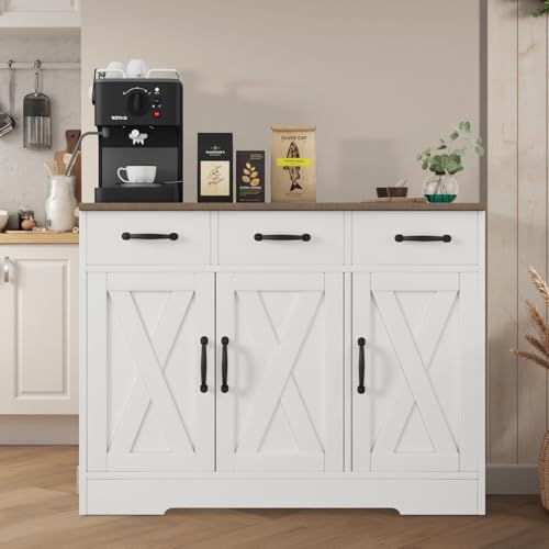 Oyajia Modernes Sideboard im Landhausstil, Buffet-Schrank mit Scheunentüren, Schubladen und Regalen, Kaffeebar aus Holz mit Stauraum für Küche, Esszimmer und Wohnzimmer, Weiß