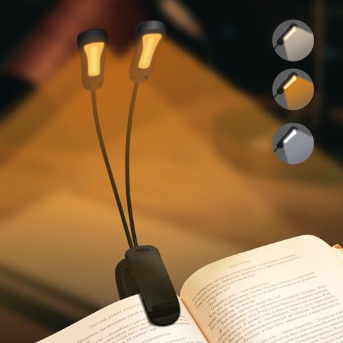 Daixilan Wiederaufladbare 10 LED-Buchleuchte,Warm-Weiß-Clip-On-Leseleuchte, Buchbeleuchtung zum Lesen im Bett,Augenpflege, 9 Helligkeit,2 Schwanenhälse leuchten 2 ganze Seiten