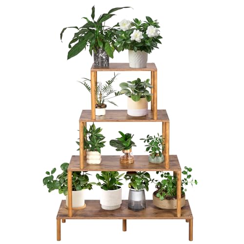 GERYMU Leiterregal, Breites 4-stöckiges Leiter Regal, Bücherregal Leiter, Pflanzenregal Indoor Blumenständer DIY offenes Deko Regal Stehend für Wohnzimmer, Haus, Büro, Rustikal Braun 30x85x108cm
