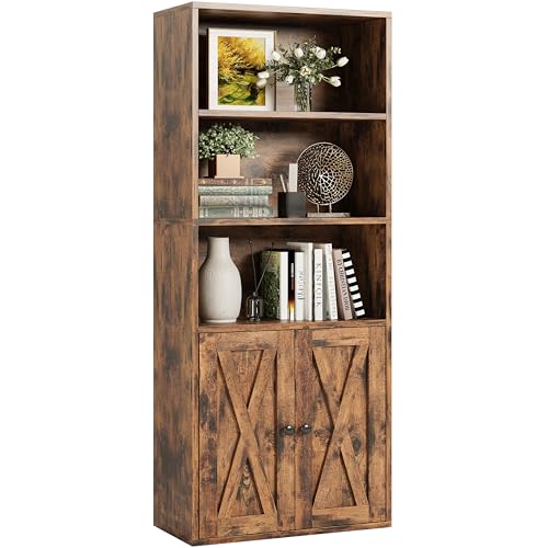 IRONCK Bücherregal mit 2 Türen, Standregal mit 5 Ebenen, Industriestil Bücherschrank, Vitrinenschrank Aufbewahrungsregal für Arbeitszimmer, Büro, Wohnzimmer, Schlafzimmer, Vintage Braun