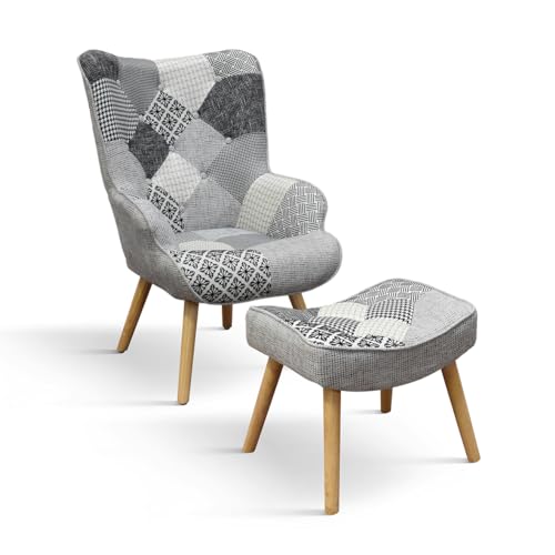 PAZZO DESIGN Ludovica Sessel, 1er Set, Mehrfarbig, Stoffsessel, Relaxsessel, Lesesessel, bequemer Sessel, Holzbeine, mit Fußstütze - id_2029