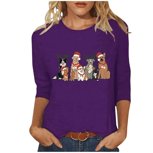 NSICBMNO Weihnachtsoberteile für Frauen in Übergröße, lustig, Weihnachtshund, Frohe Weihnachten, Schneeflocken-Druck, 3/4-Ärmel, Rundhalsausschnitt, Pullover, hässlich, Tunika, Urlaub, Party