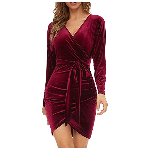 akwuiopt Figurbetontes Mini-Kleid für Damen, Wickelkleid, V-Ausschnitt, Cocktailkleider, lange Ärmel, schmal, tailliertes Kleid, Taillenbindung, Rüschen, Party-Sommerkleid, knielang, gerüschtes