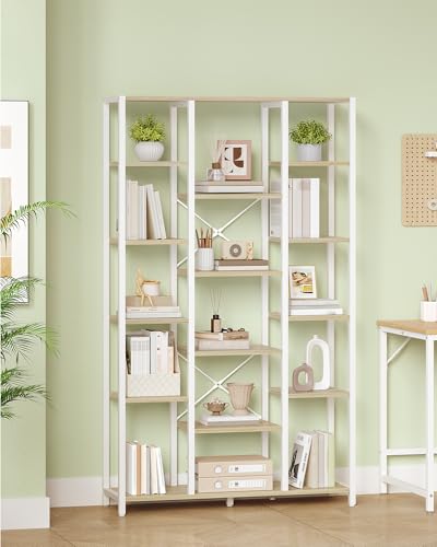 Hzuaneri Bücherregal, Standregal mit 6 Ebenen 15 Ablagen, Verstellbare offene Ablagen, für Wohnzimmer, Büro, Schlafzimmer, 30 x 70 x 170cm, Weißeiche und Weiß, BC15016W