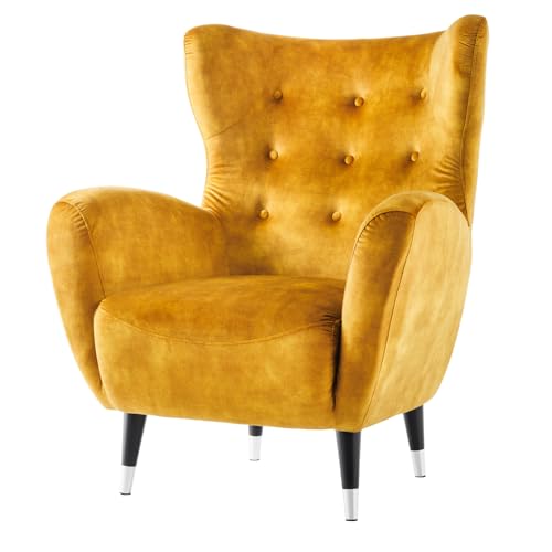 Riess Ambiente Retro Design Sessel Don - senfgelb Silber - Samt Holz - Federkern Fußkappen Knopfsteppung Lesesessel Ohrensessel