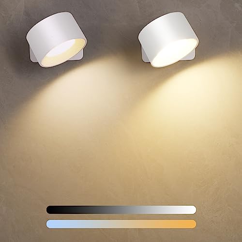 Diealles Shine LED Wandleuchte Innen 2 Stück, Aufladbare Wandleuchten mit 3 Helligkeit und 3 Farbe, 360° Drehbarer Touch Control Akku Wandlampe für Schlafzimmer Küche Badezimmer Wohnzimmer (Weiss)