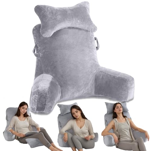 Exquilnova Lesekissen für Bett, 90 x 80cm(LxH) XXL Rückenkissen Sofa für Erwachsene mit Armlehne und Abnehmbarer Nackenrolle, Rückenlehne zum Lesen mit Tasche für Bett, Couch, Boden und Stuhl