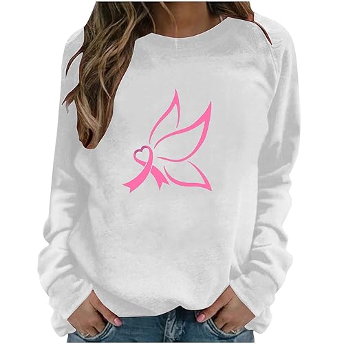 Sweatshirt Damen Brustkrebs Bewusstseins Langarm Oversize Pullover Frauen Oberteile Lässige Rundhals Streetwear Druck Herbst Top Festliche Teenager Mädchen Tshirt Damen Oversize White 1 XXL 42