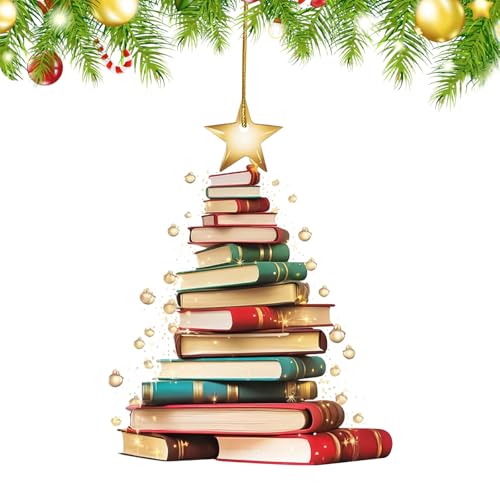 Weihnachtsbaum Anhänger, Weihnachtsbaum Form Bücherregal Anhänger, Weihnachtsbaumschmuck Lustig, Bücher Gestapelt Ornament, Acryl, Christbaumschmuck für Weihnachten Deko