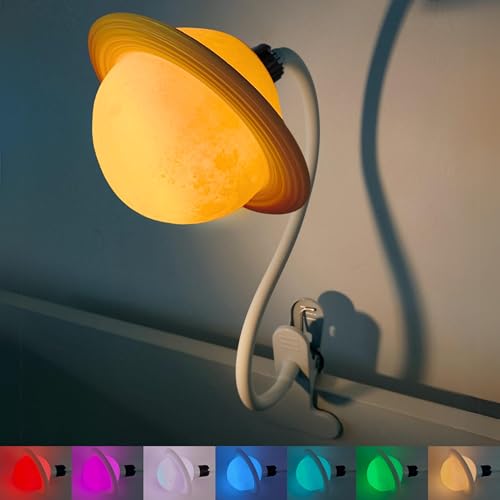 Saturn Klemmleuchte Nachtlicht für Kinderzimmer – Dimmbares LED Klemmlicht mit abnehmbarem Kopf – Stilllicht für Neugeborene – Nachtlampe für Jungen & Mädchen mit 7 Farben & 6 Helligkeitsstufen