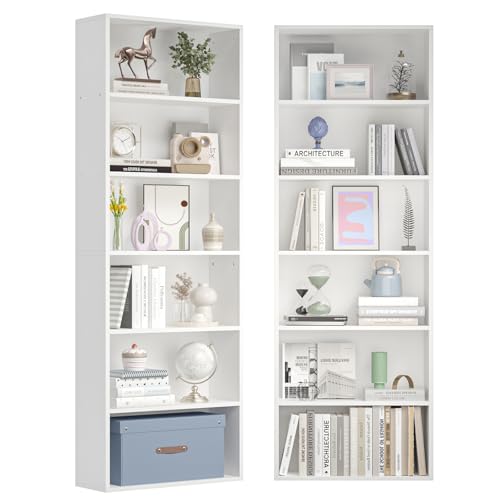 Nordivale Bücherregal Weiß, 6-Ebenen Regal 20 cm Tief, Bookshelf, Gücherschrank, Standregal, Offenes Regal Holz, Würfelregal für Wohnzimmer, Schlafzimmer, Büro, Arbeitszimmer, 2 Pack