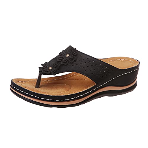 Generisch Sandale Plateau Sandalen für Breite Füße Damen Flip Slider Damen Strap On Flops Roman Slip Flat Clip Sandalen T Bequem mit Fußgewölbestütze Sportlich (Black,39)