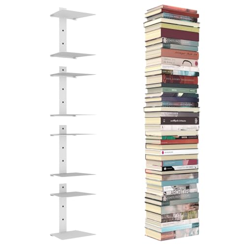 Mefirt Unsichtbare Bücherregale, 8 Stöckiger Vertikaler Bücherturm, Schwebendes Bücherregal für die Wand, Verstecktes Bücherregal aus Metall für das Schlafzimmer, Dekoration im Heimbüro, 4er Set, Weiß