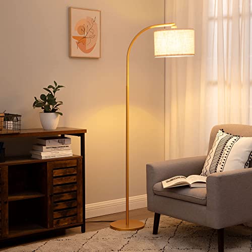 EDISHINE Stehlampe Wohnzimmer, Bogenlampe mit Beigen Leinen-Lampenschirm, 161cm Stehleuchte Gold mit Verstellem Schirm für Schlafzimmer, Kinderzimmer, E27 Fassung