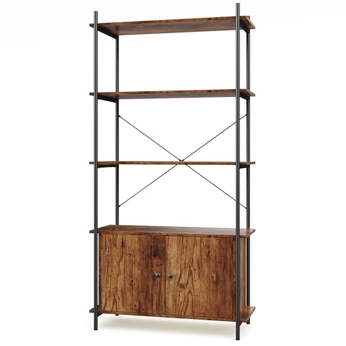 Xbro Bücherregal mit Türen,Regal, Standregal Metallrahmen mit Türen,Bücherregal für Wohnzimmer, Schlafzimmer, Arbeitszimmer, Holzregal Industrie-Design,Vintagebraun,80 x 34 x 159.5 cm