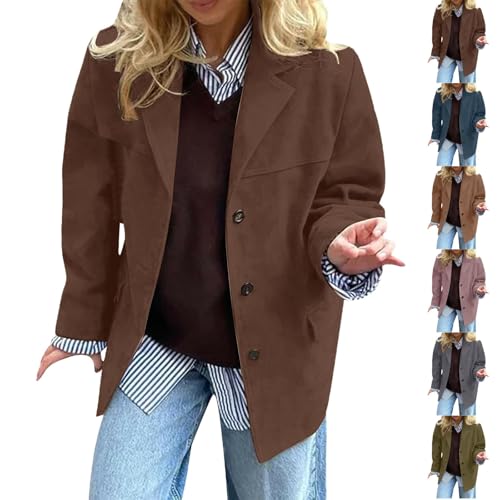 Braune Retro-Anzugjacke für Damen, übergroße Freizeitjacken, lässig, trendig, altes Revers, Knopfblazer, elegant für Business, Herbst, Winter, Vintage, vorne offen, langärmelig, Arbeit, Büro