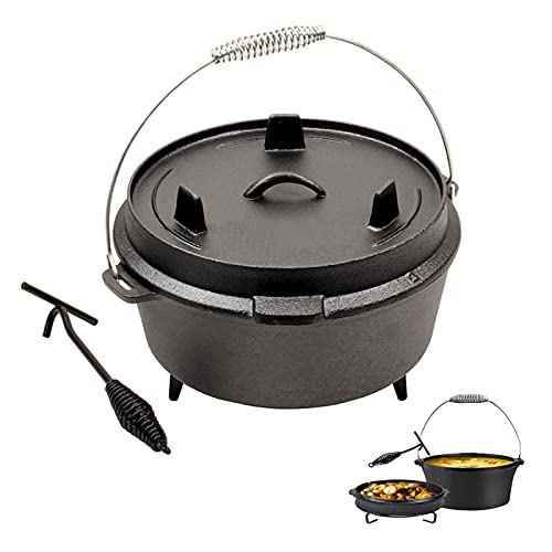 Vorgewürzter Dutch Oven aus Gusseisen, Grillplatte mit Doppelfunktion, 3 Beinen und Deckelheber zum Kochen und Backen beim Camping, Grillen
