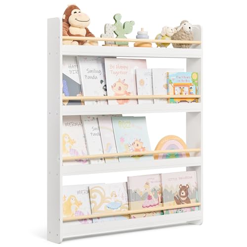 SONGMICS Bücherregal Kinder, Kinderregal mit 4 Ebenen, Spielzeugregal, Wandregal, für Kinderzimmer, Spielzimmer, weiß-naturfarben GKR014W01