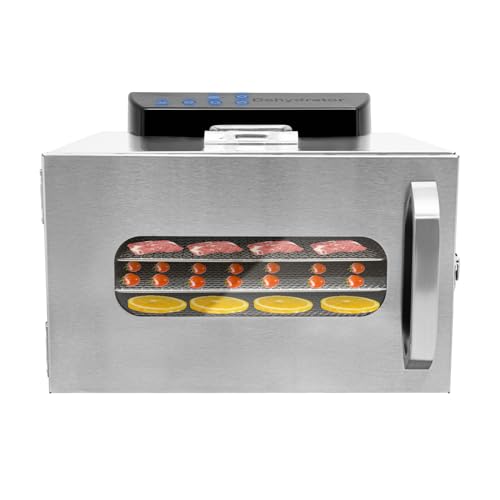 6 x Lebensmittelverdampfer mit 6 Schalen aus Edelstahl – Dörrgerät mit Timer 24 Stunden und Temperatur 30 – 85 °C – Entfeuchter für Fleisch, Obst, Pilze – 400 W Dörrgerät für Lebensmittel