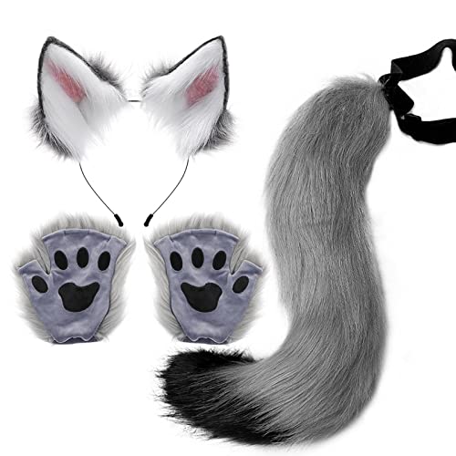Set mit Schwanz und Handschuhen mit Wolfsohren, Halloween-Kostüm, Ohren- und Handschuhen mit Wolfsschwanzclip, Halloween-Party-Kostüm für Kostümpartys und Themenabende, S