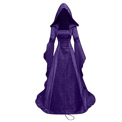 Ninedayx Mittelalterliches Kleid, schwarzes Hexenkleid, Gothic-Kleider für Großbritannien, Retro-Party, Karneval, Kapuze, Vampir-Kostüm, viktorianisches Kostüm, Cosplay-Kostüm, Renaissance-Kleid,