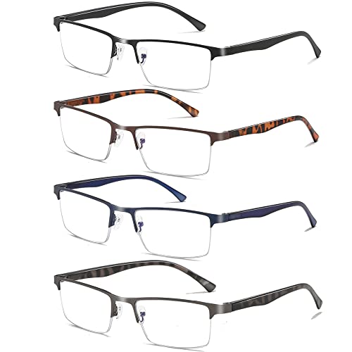 Fsread 4er-Pack Halber Rahmen Lesebrille Herren, Leichte Blaulichtblockierende Metallrahmen Herren Lesebrille +2.0 Schwarz, Blau, Rotguss, Braun