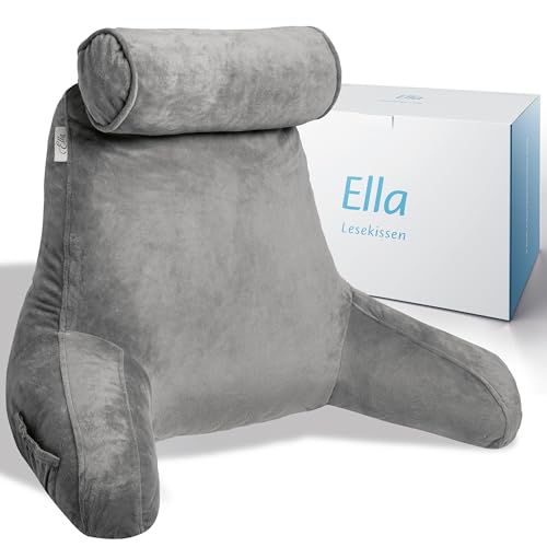 Ella Lesekissen für Bett und Sofa mit Abnehmbarer Nackenrolle - Rückenkissen Bett - Reading Pillow aus Memory Foam mit Armlehne, Ideal zum Lesen, Fernsehen, Faulenzen oder als Rückenstütze - Grau