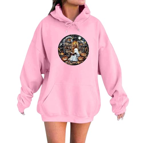 Generisch Damen Hoodie mit lesendem Geist in Einer Bibliothek - Lässiger Kapuzenpullover für Halloween | Sweatshirt für Bücherwürmer und Grusel-Fans