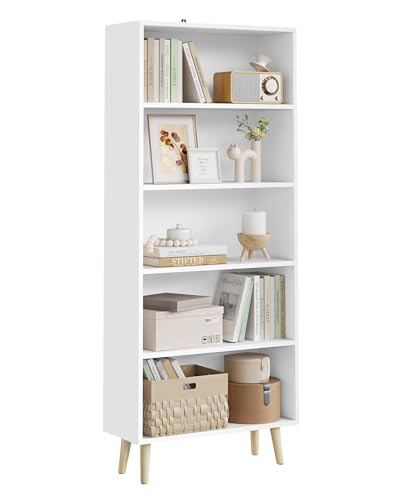 WOLTU Bücherregal mit 5 Fächern, Bücherschrank, Standregal Weiß, Aufbewahrungsregal für Wohnzimmer, Schlafzimmer, Küche, Aktenregal für Büro, 60 x 144 x 24 cm, SK022ws