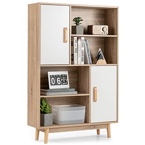 COSTWAY Bücherschrank mit 2 Türen und 4 offene Regale, Bücherregal Holz, Standregal Holzregal Aufbewahrungsregal für Wohnzimmer, Arbeitszimmer 80x24x119,5cm (Weiß)