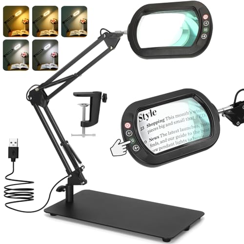 Veemagni 10X Rectangle Lupe mit Licht und Ständer, 5 Farbmodi stufenlos dimmbar, 2-in-1 LED beleuchtete Schreibtischlampe & Klemme, Hände frei Leselupe für das Lesen Handwerk Reparatur Malerei