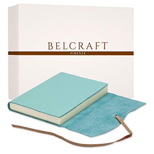 BELCRAFT Capri A5 mittelgroßes Notizbuch aus Leder, Handgearbeitet in klassischem Italienischem Stil, Geschenkschachtel inklusive, Tagebuch, Lederbuch A5 (15x21 cm) Aqua