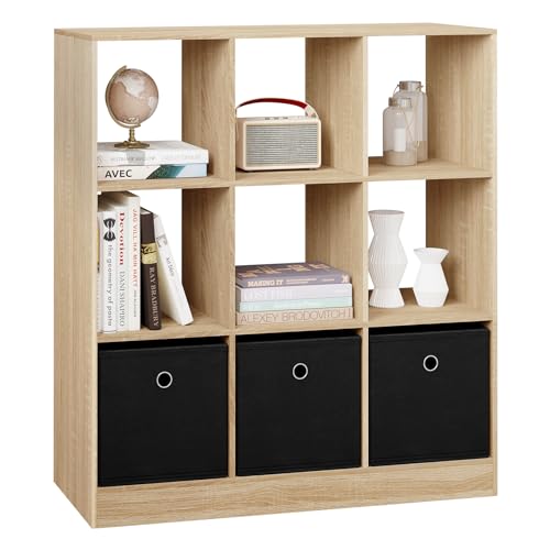 WOLTU Bücherregal Bücherschrank Standregal Würfelregal Aufbewahrungregal Raumteiler Büroregal, mit 9 Fächern 3 Schubladen aus Vliesstoff, für Wohnzimmer Schlafzimmer Büro, helle Eiche, SK041hei