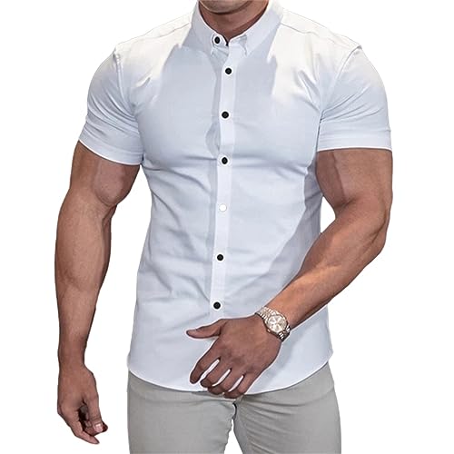 WZL Basic Hemd Herren Kurzarm Sommer Business Hemd Slim Fit Revers Arbeit Hemd Herren Einfarbig Dünnschliff Button-Down-Hemd Bügelfrei Gewaschenes Hemd Herren A-White 3XL