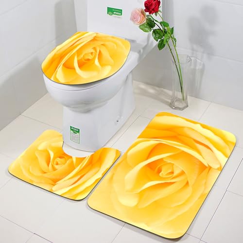 FEHWI Badezimmerteppich 3 Teil Mikrofaser -Saugbad Teppichpolster für Dusche,Badewanne und Toilette,Maschine waschbar,Gelbe Blume, weiches zartes Rosa Nahaufnahme romantische verträumte Frühling zar