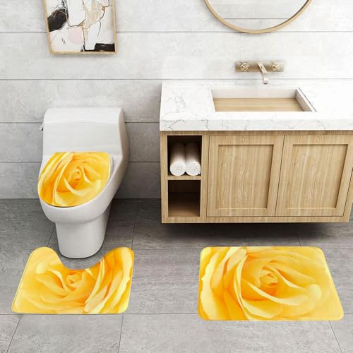 QRFASFZO 3 Stück Badematten und WC Vorleger Microfaser Weiches Badteppich badvorleger rutschfest Waschbar Badezimmerteppich Set,Gelbe Blume, weiches zartes Rosa Nahaufnahme romantische verträumte Fr
