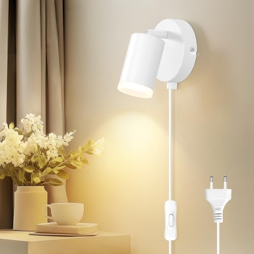 Dehobo Wandleuchte mit Stecker und Schalter - LED Wandlampe Innen GU10 Matt Weiß Rund Drehbare 350°- Wandleuchte mit Kabel für Schlafzimmer Studie Büro - Ohne Leuchtmittel