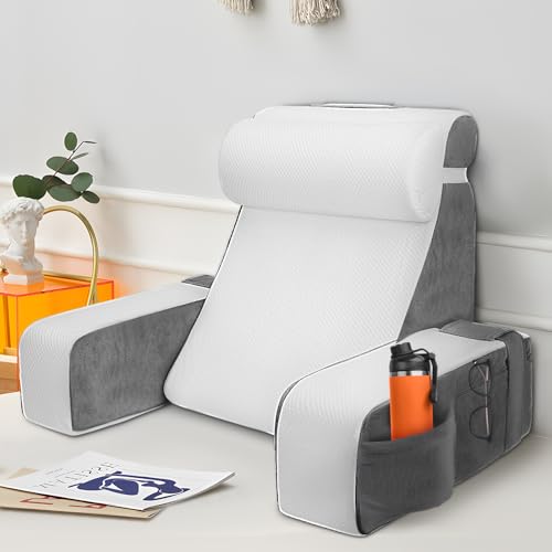 Groß Lesekissen mit Abnehmbarer Nackenrolle & Armlehne, Rückenkissen Bett, Ergonomisches Rückenkissen Rückenlehne Kopfkissen mit Arm & Tasche & waschbarem Bezug für Lesekissen zum Lesen, Fernsehen