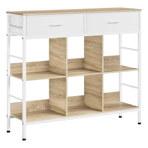 WOLTU Regal, Bücherregal mit 2 Schubladen, 6 offenen Fächern, Standregal mit Metallrahmen, Aufbewahrungsregal freistehend, für Wohnzimmer Arbeitszimmer Schlafzimmer, Rustikales Braun, Schwarz
