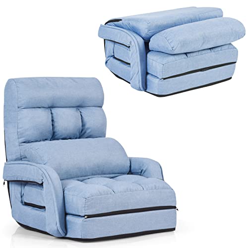 LIFEZEAL Bodensofa klappbar, Bodensessel mit Armlehnen & Lendenkissen, Klappstuhl mit höhenverstellbarer Rückenlehne, Schlafsessel Bodenstuhl für Wohnzimmer (blau)