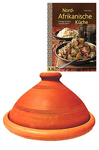 Tajine, original aus Marokko, inklusive Kochbuch Nord Afrikanische Küche, Tontopf zum Kochen, Tuareg Ø 30cm, für 4-5 Personen, handgetöpfert aus Marrakesch, frei von Schadstoffe
